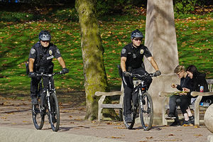 The police bike patrol at Downtown Park The police bike patrol at Downtown Park