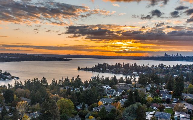 Aerial view of neighborhood, lake and Bellevue skyline.