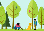 Illustration of woman, boy and dog among a variety of trees.